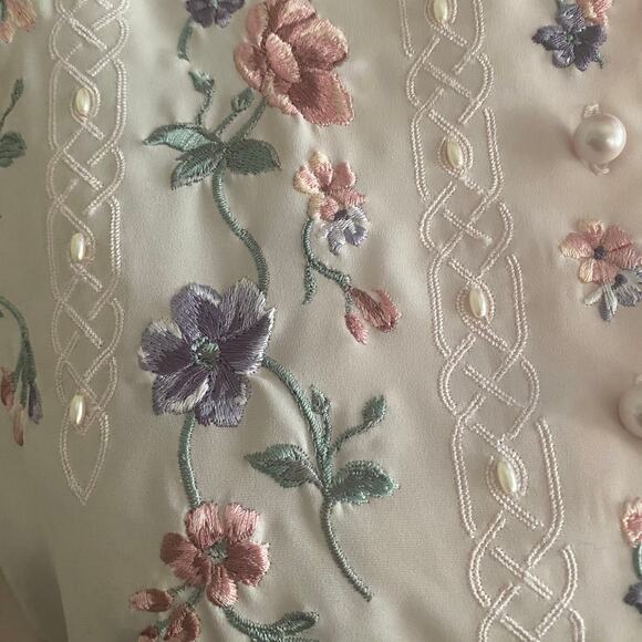 Vintage Laura Scott Pink Floral Blouse 90s Embroidered Pearl Button Top Sz 12 - Picture 15 of 17